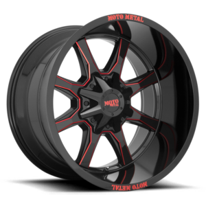 Moto Metal MO970, Gloss Black Milled With Red Tint & Moto Metal On Lip (20x10 ET-18 8x180)